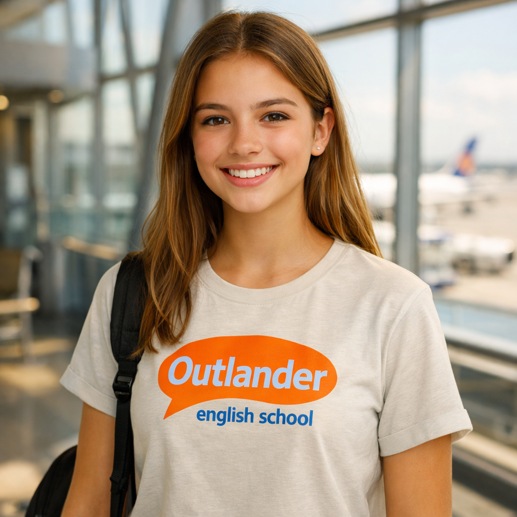 Adolescente sorrindo no aeroporto com camisa Outlander